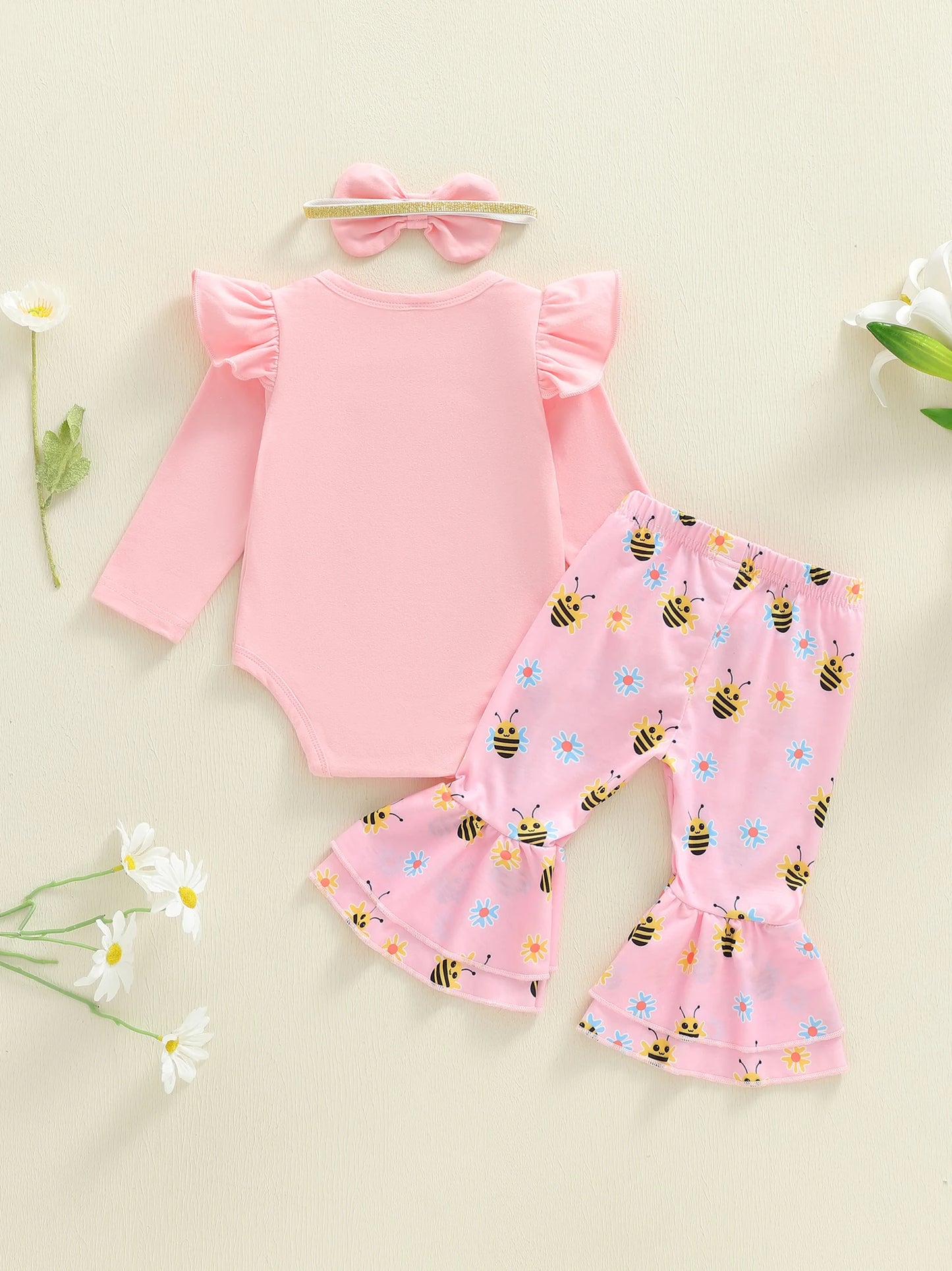 Baby Girls 3Pcs You Are Loved Long Sleeve O Neck Letter Bee Print Romper Flared Pants Headband Set