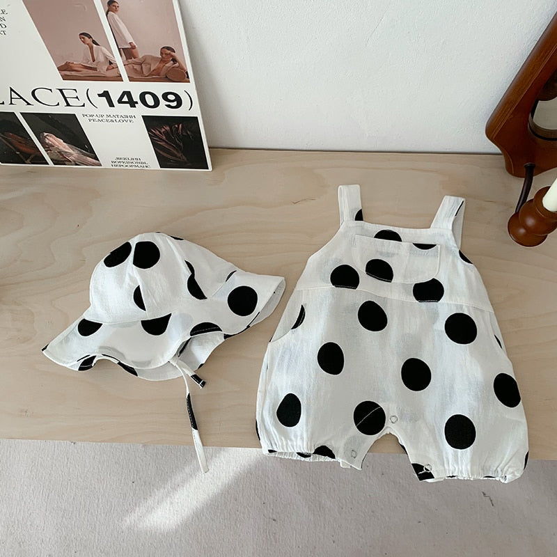 Polka Dot Romper With Bucket Hat Set