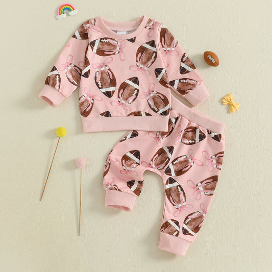 Baby Toddler Girls 2Pcs Fall Outfit Football Bow Print Crew Neck Long Sleeve Top with Pants Jogger Set