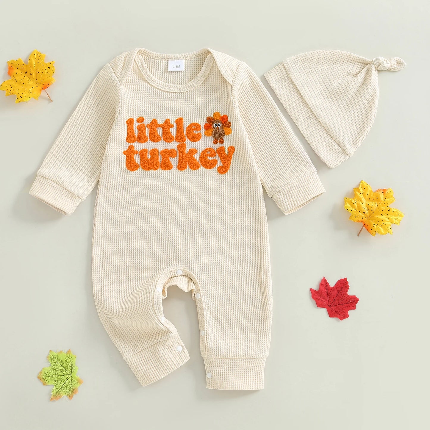 Baby Boys Girls 2Pcs Little Turkey Thanksgiving Outfit Long Sleeve Crew Neck Letter Turkey Embroidery Full Length Romper with Hat Set