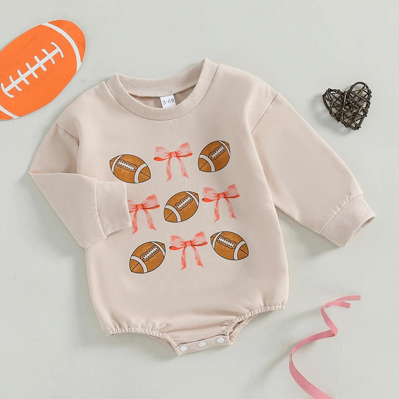 Baby Girl Bubble Romper Long Sleeve Crew Neck Bow Football Print Fall Jumpsuit