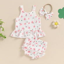 Load image into Gallery viewer, Baby Girls 3Pcs Clothes Set Floral Flower Print Sleeveless Tank Top Ruffled Button Elastic Waist Shorts Bow Headband
