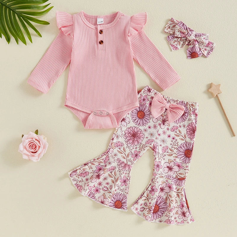 Baby Girls 3Pcs Spring Outfit Solid Color Ribbed Button Long Sleeve Romper Flowers Floral Print Flared Pants with Bow and Headband Set