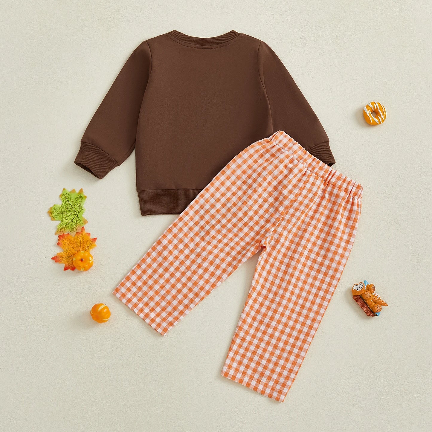 Baby Toddler Boys Girls 2Pcs Thanksgiving Outfit Pumpkin Turkey Pie Long Sleeve Crewneck Top Plaid Elastic Waist Pants Set