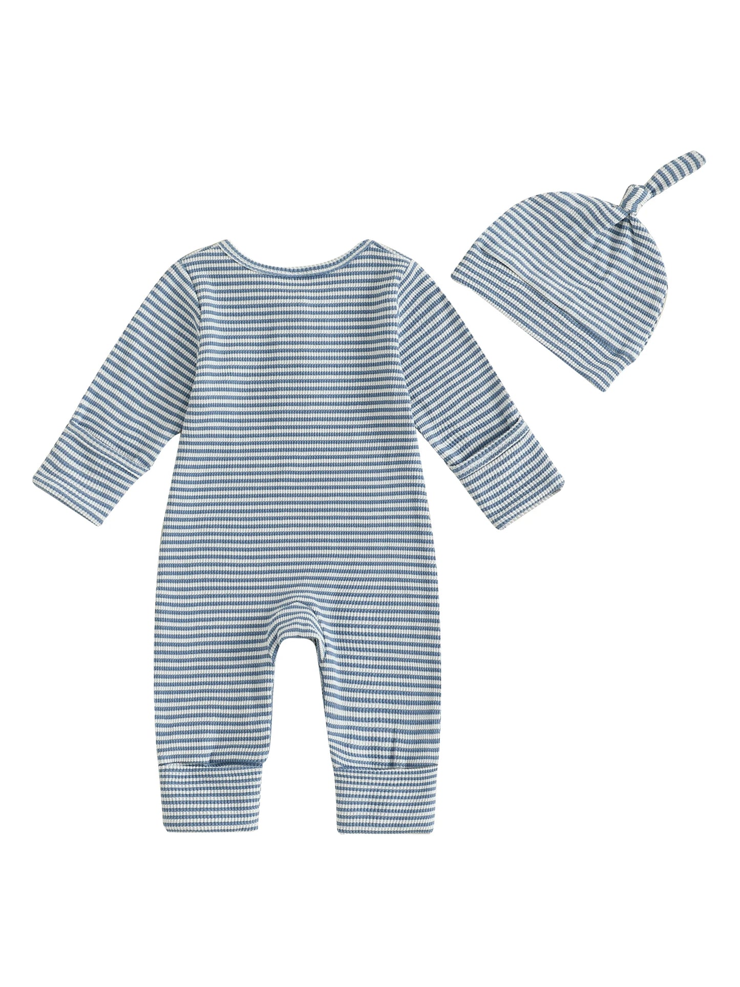 Baby Boys 2Pcs Fall Clothes Romper Stripe Print Long Sleeve Round Neck Full Length Jumpsuit with Hat Set