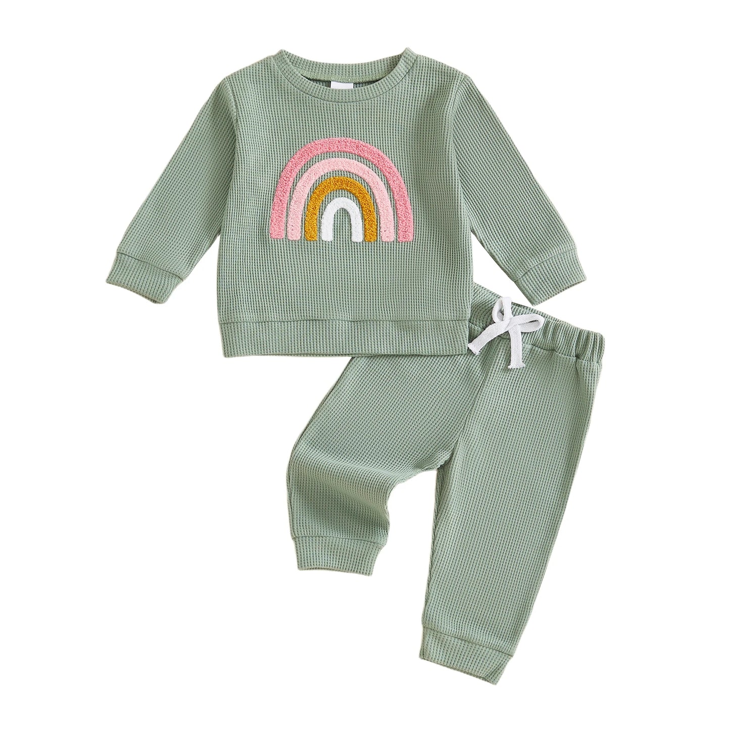 Baby Toddler Girls 2Pcs Fall Set Fashionable Rainbow Embroidery Long Sleeve Pullover Top with Jogger Pants Outfit