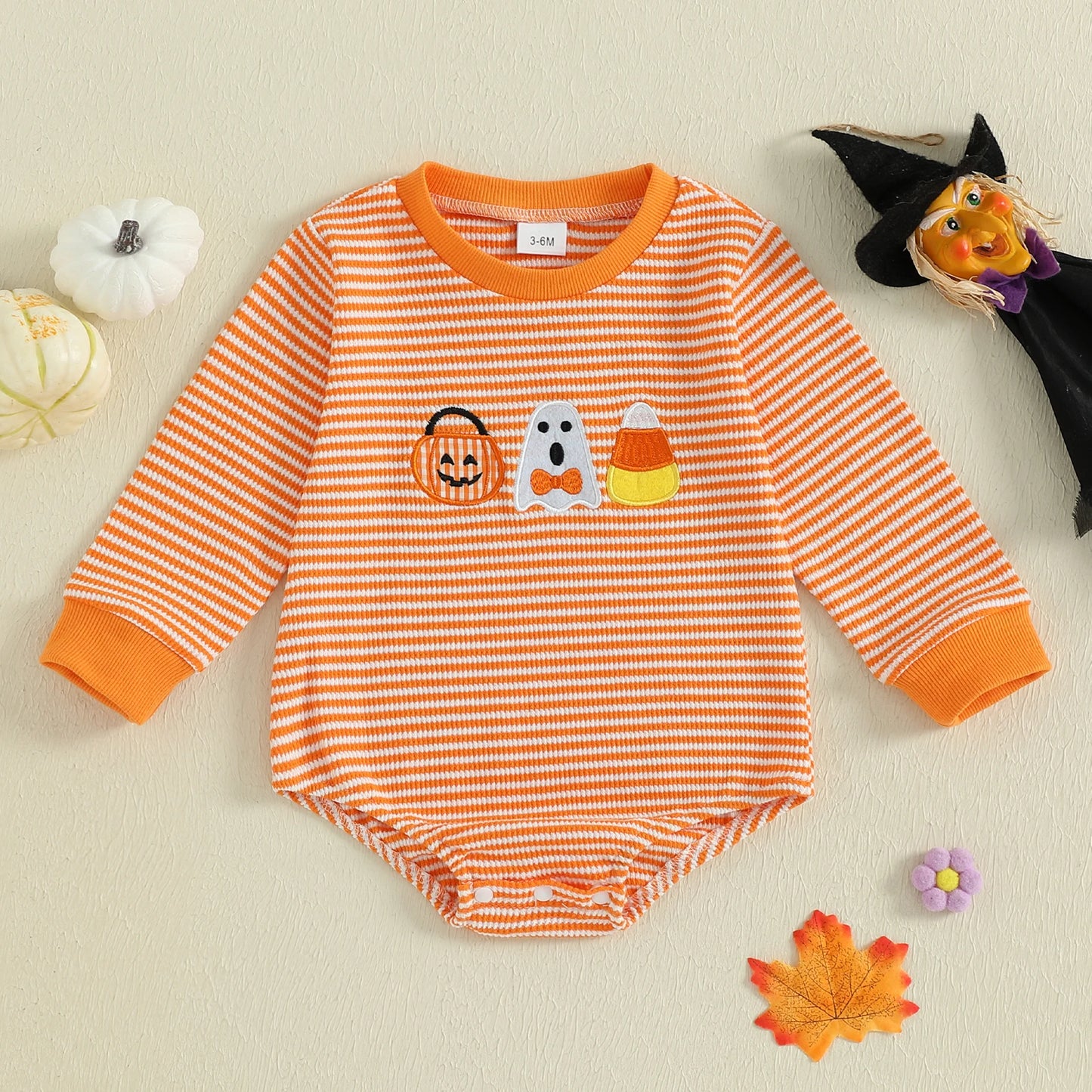 Baby Girls Boys Halloween Romper Long Sleeve Crew Neck Pumpkin Ghost Embroidery Bodysuit Fall