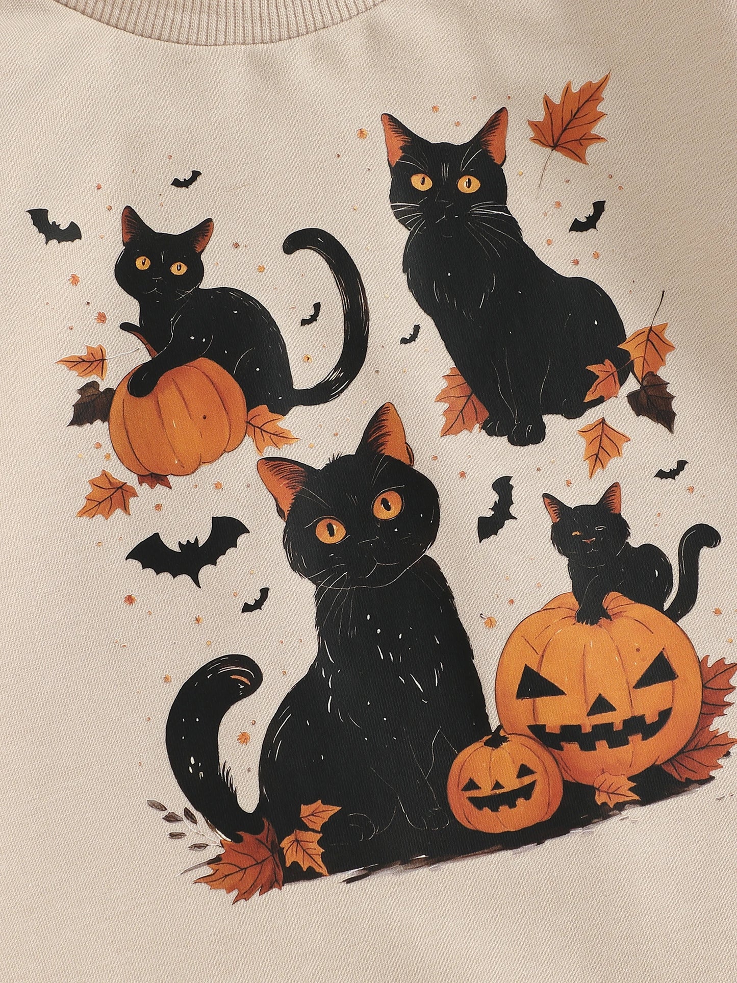 Baby Boys Girls Halloween Bubble Romper Long Sleeve Round Neck Black Cat Ghost Print Romper Fall Playsuit