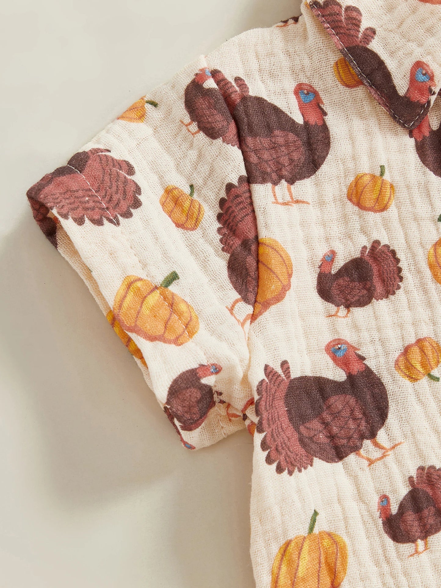 Baby Toddler Boys 2Pcs Thanksgiving Day Short Sleeve Lapel Button Up Turkey Pumpkin Print Top and Shorts Sets