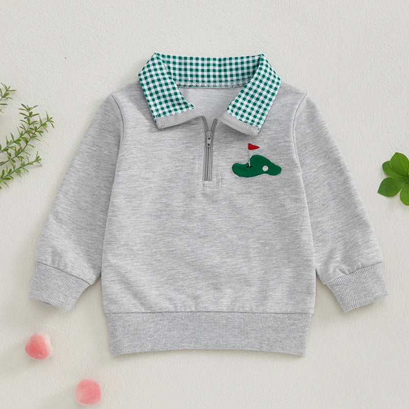 Baby Toddler Boys Golf Cart Embroidery Long Sleeve Pullover Quarter Zip Top
