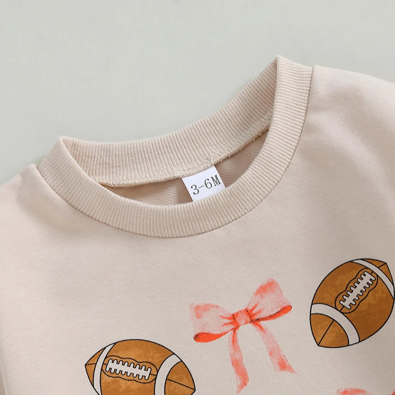 Baby Girl Bubble Romper Long Sleeve Crew Neck Bow Football Print Fall Jumpsuit