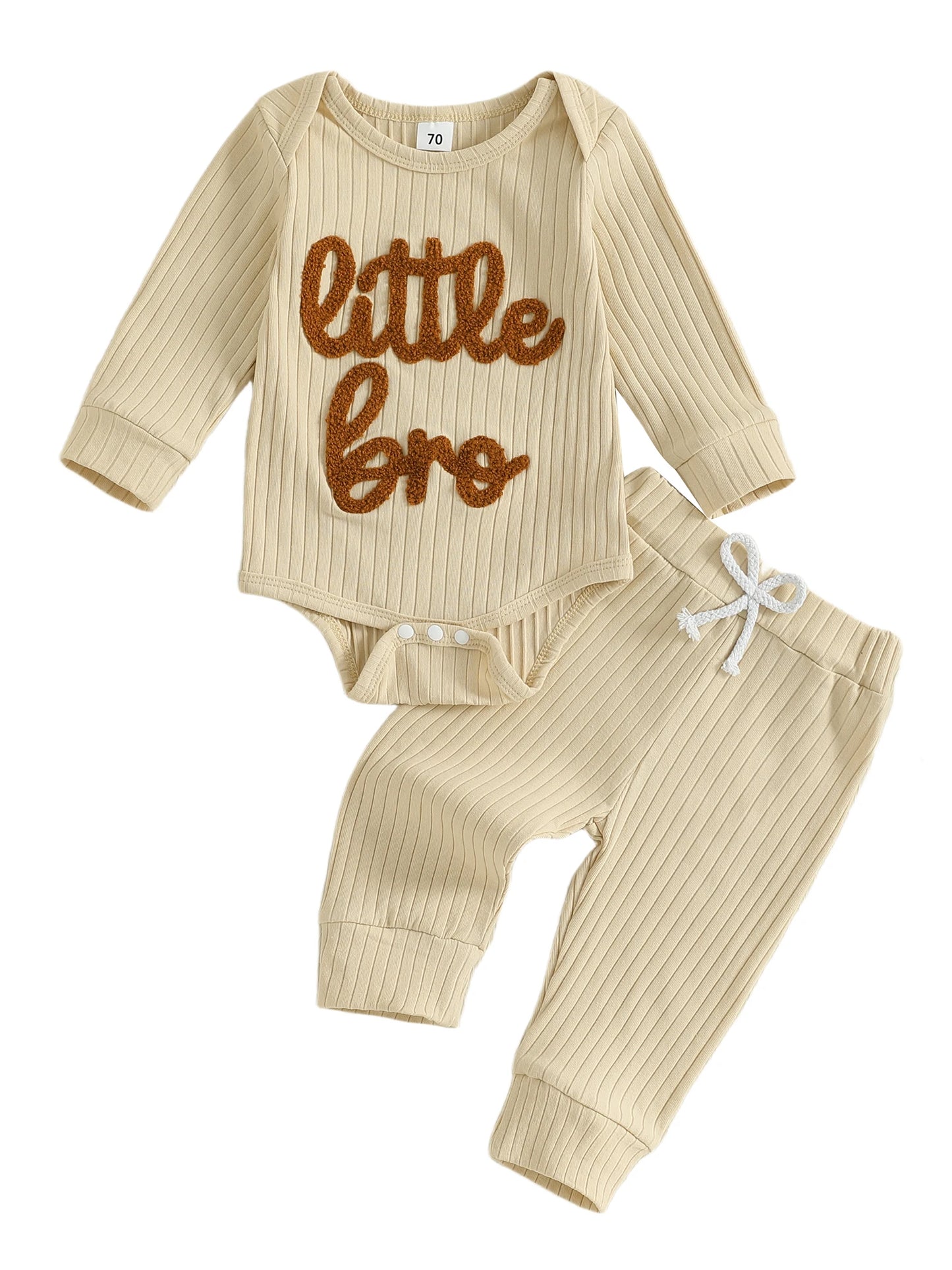Baby Boy 2Pcs Fall Clothes Letter Little Bro Embroidery Long Sleeve Romper Solid Long Jogger Pants Outfit Set