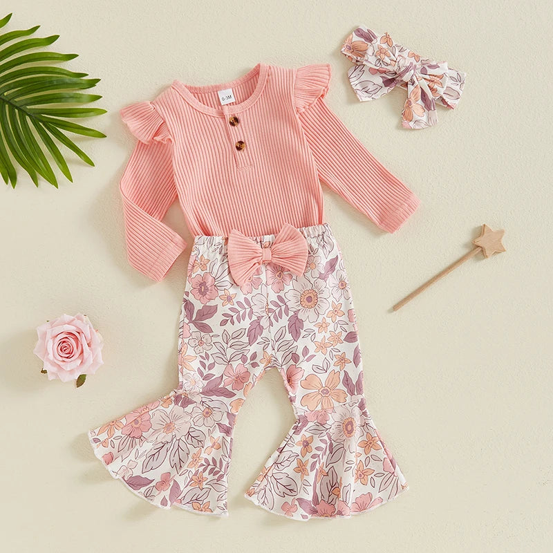 Baby Girls 3Pcs Spring Outfit Solid Color Ribbed Button Long Sleeve Romper Flowers Floral Print Flared Pants with Bow and Headband Set