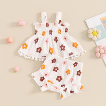 Load image into Gallery viewer, Baby Girl 2Pcs Summer Clothes Set Sleeveless Shirred Ruffled Floral Flower Print Tank Top Frill Trim Shorts Outfits
