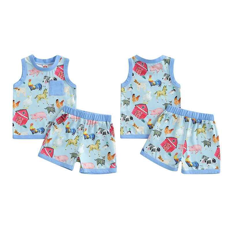 Baby Toddler Boys 2Pcs Tractor Farm Animal Sleeveless Tank Top Elastic Waist Shorts Outfit Summer Clothes Set