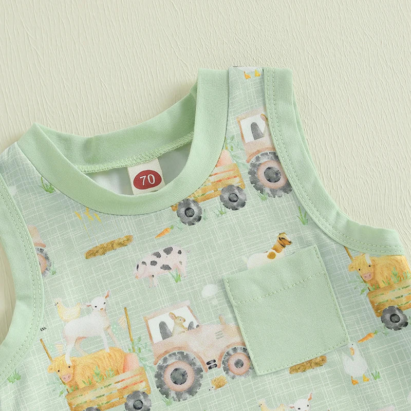 Baby Toddler Boys 2Pcs Tractor Farm Animal Sleeveless Tank Top Elastic Waist Shorts Outfit Summer Clothes Set