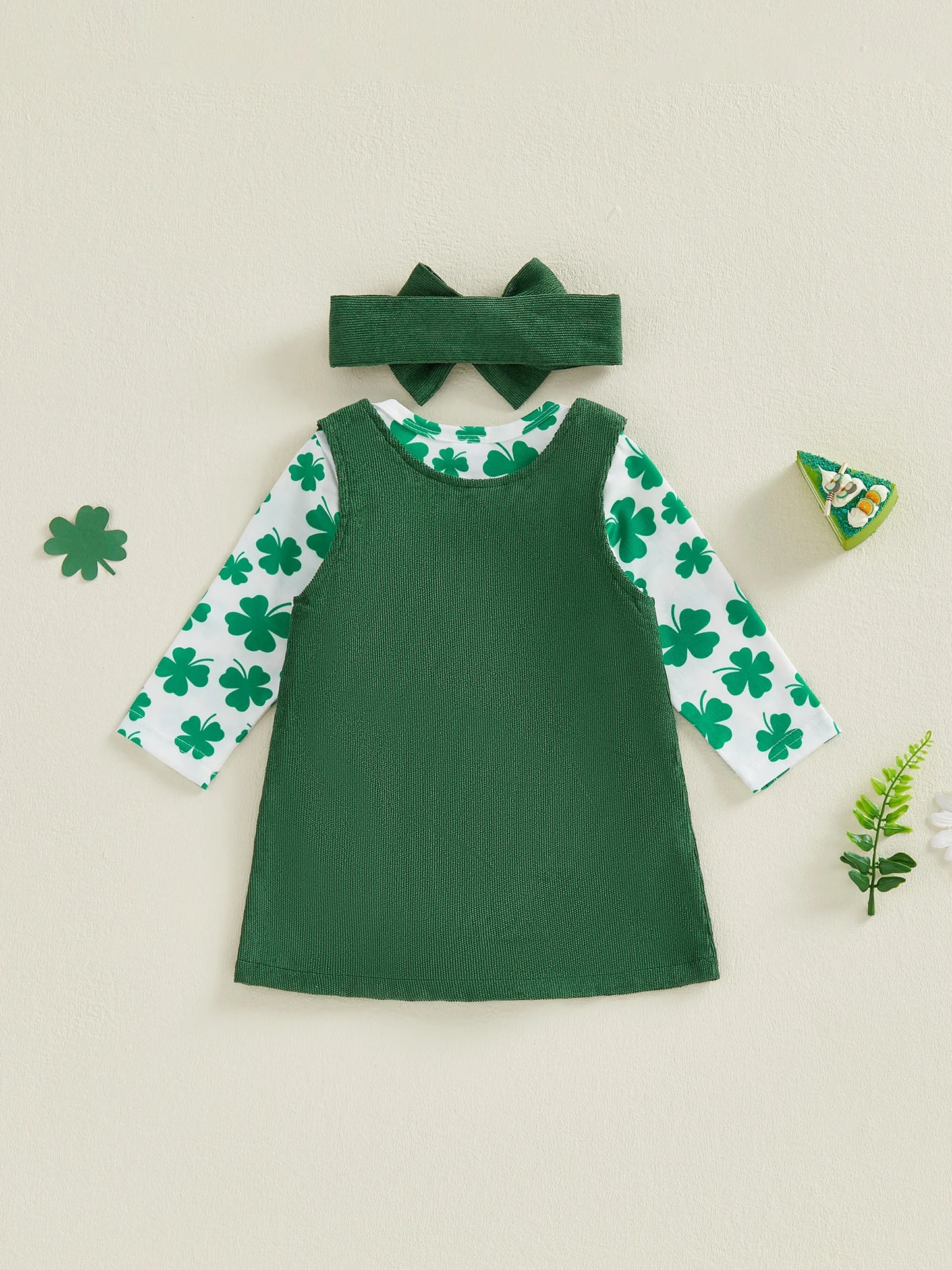 Baby Girls 3Pcs Spring Outfit My First St. Patrick's Day Long Sleeve Romper Shamrock Overall Dress Headband Set
