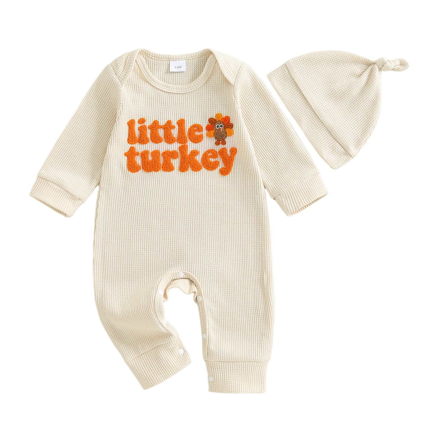 Baby Boys Girls 2Pcs Little Turkey Thanksgiving Outfit Long Sleeve Crew Neck Letter Turkey Embroidery Full Length Romper with Hat Set