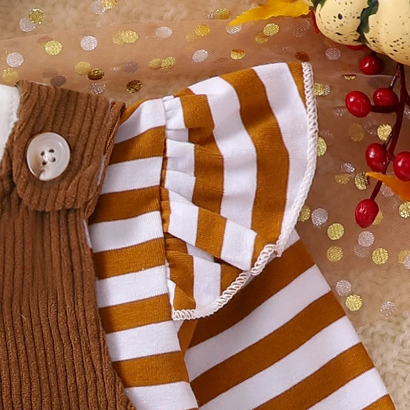 Baby Girls 2Pcs Thanksgiving Christmas Outfits Stripe Long Sleeve Romper Turkey / Santa Embroidery Overalls Dress Headband Set