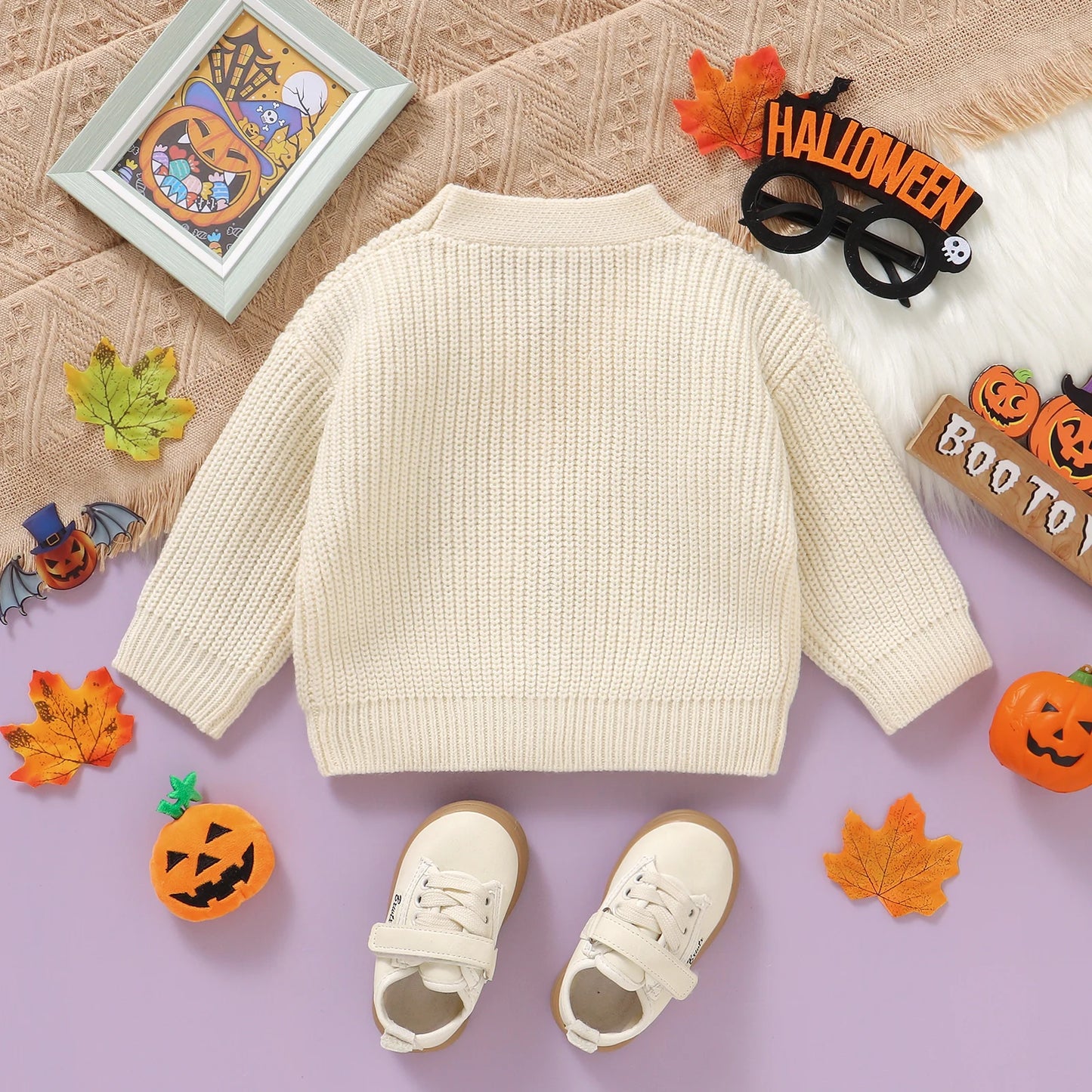 Baby Toddler Boys Girls Knit Cardigan Cute Halloween Pumpkin Embroidery Fall V Neck Long Sleeve Button Up Sweater Top