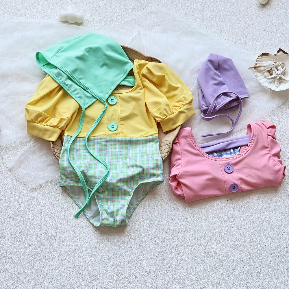 Girls Puff Sleeve 2 Pcs Swimsuit Set