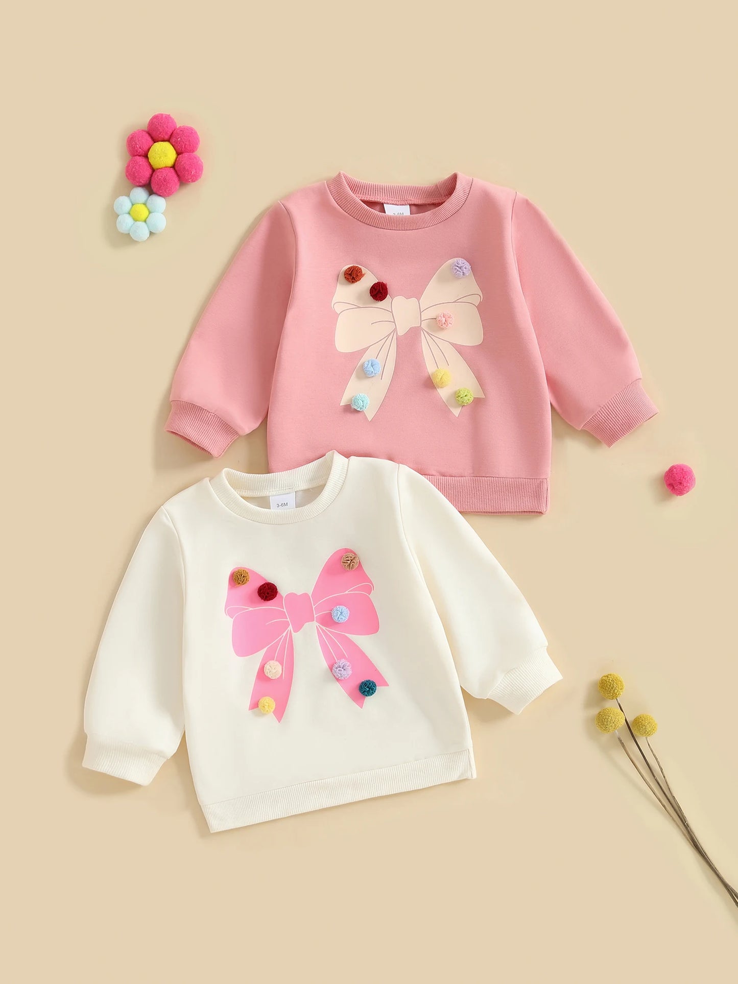 Baby Toddler Girls Long Sleeve Top Pom Pom Ball Bow Print Crewneck Pullover Winter Fall Clothes
