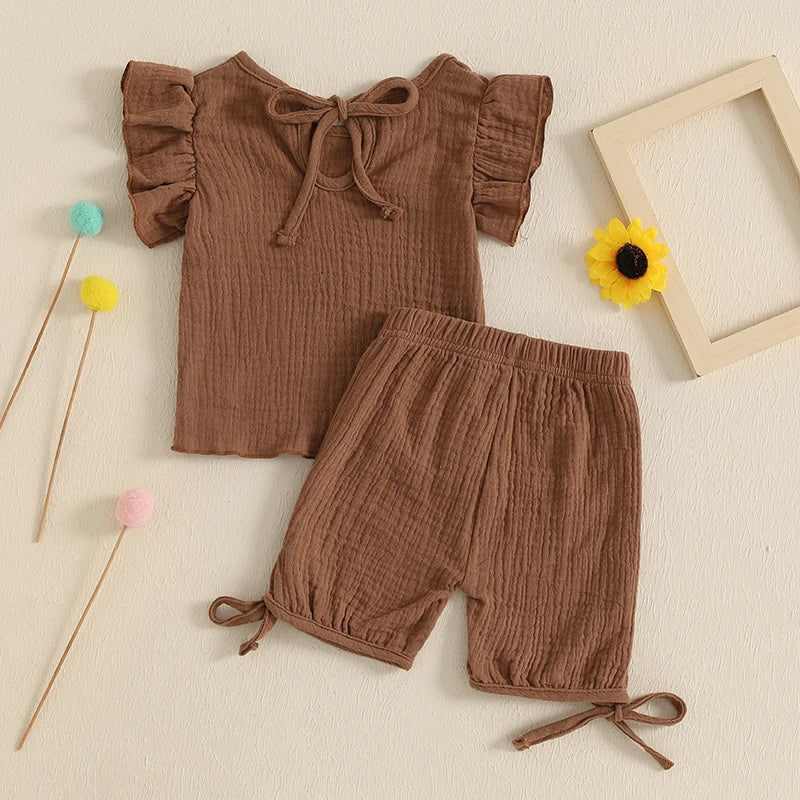 Baby Toddler Girls 2Pcs Summer Outfit Solid Color Short Frill Sleeve Round Neck Top + Elastic Waist Tie Shorts Set