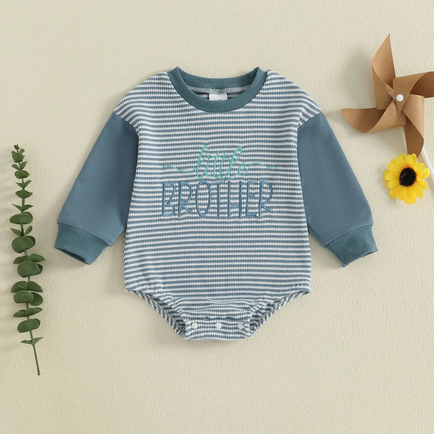 Baby Boys Girls Fall Romper Stripe Letter Little Brother Sister Embroidery Long Sleeve Crew Neck Bubble Jumpsuit