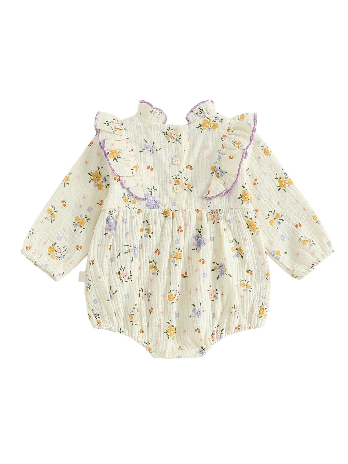 Baby Girl Fall Bubble Romper Floral Print Long Sleeve Frill Mock Neck Ruffled Jumpsuit