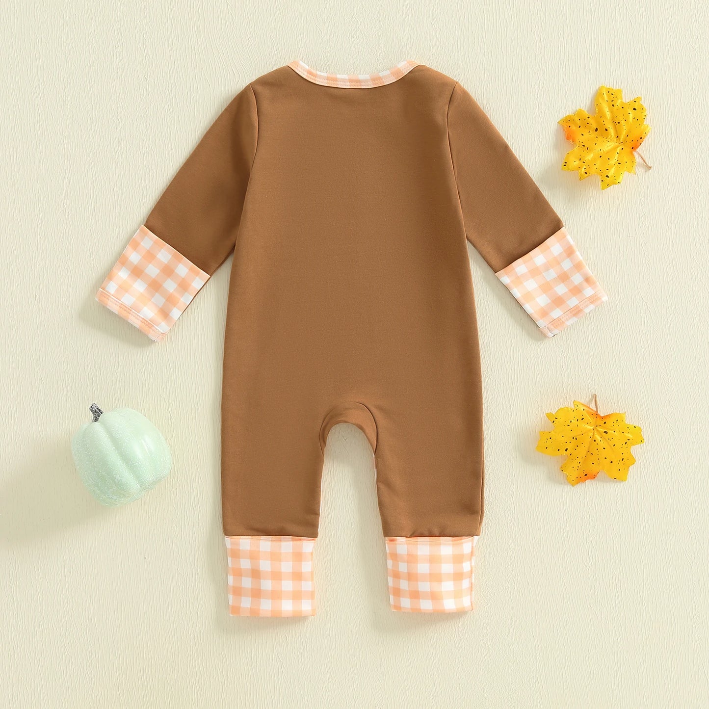 Baby Boys Halloween Romper Pumpkin Dog Embroidery Long Sleeve Round Neck Plaid Jumpsuit