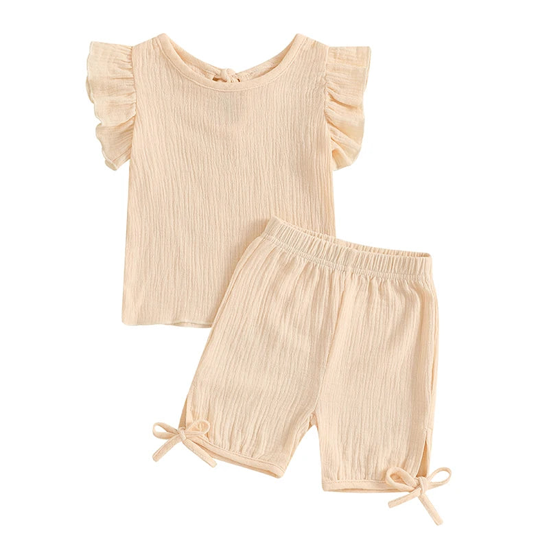 Baby Toddler Girls 2Pcs Summer Outfit Solid Color Short Frill Sleeve Round Neck Top + Elastic Waist Tie Shorts Set