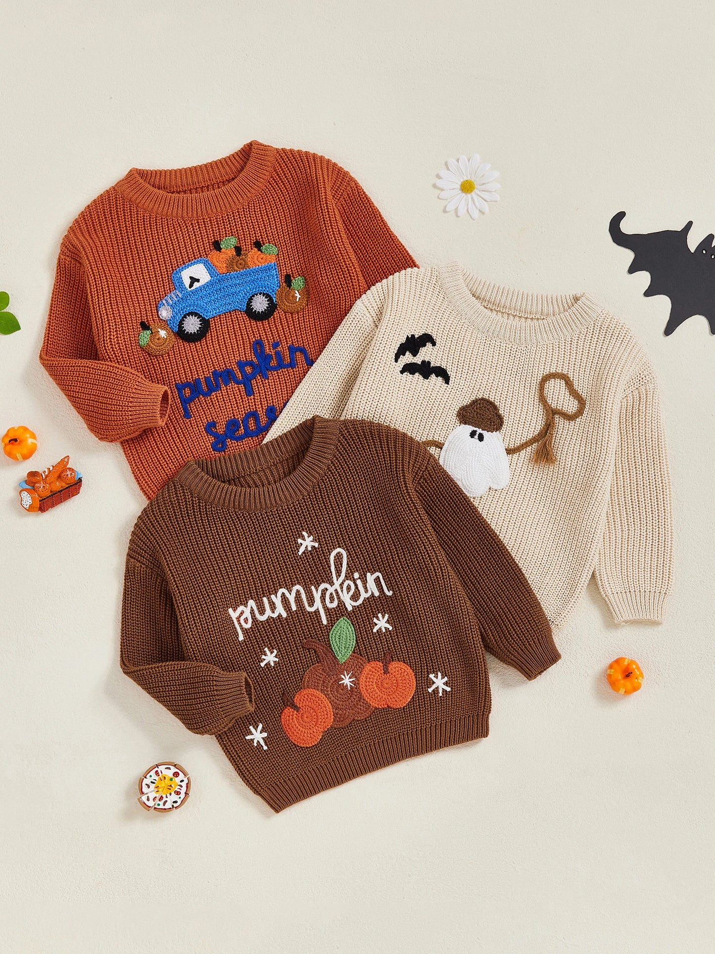 Baby Toddler Kids Boys Girls Halloween Fall Sweater Long Sleeve Round Neck Pumpkin/ Pumpkin Season Truck/Ghost Embroidery Knit Top