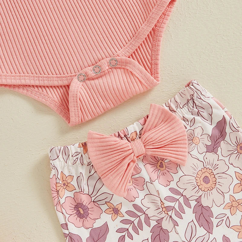 Baby Girls 3Pcs Spring Outfit Solid Color Ribbed Button Long Sleeve Romper Flowers Floral Print Flared Pants with Bow and Headband Set