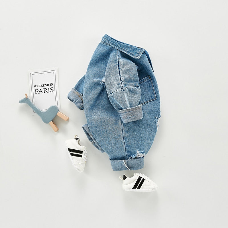 Long Sleeve Distress Denim Jumpsuit Romper