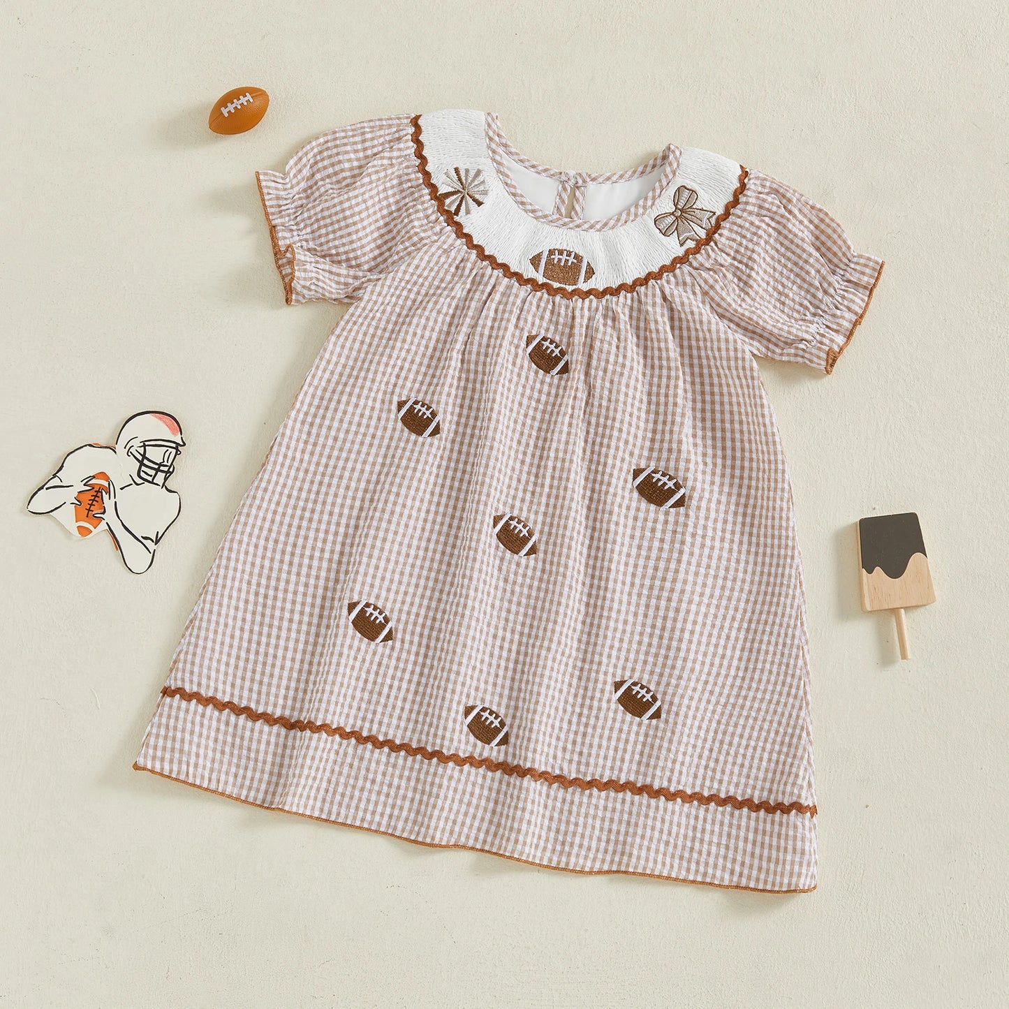 Toddler Kids Girl Dress Loose Fit Football Embroidered Plaid Crew Neck Short Sleeve Dress Summer Fall