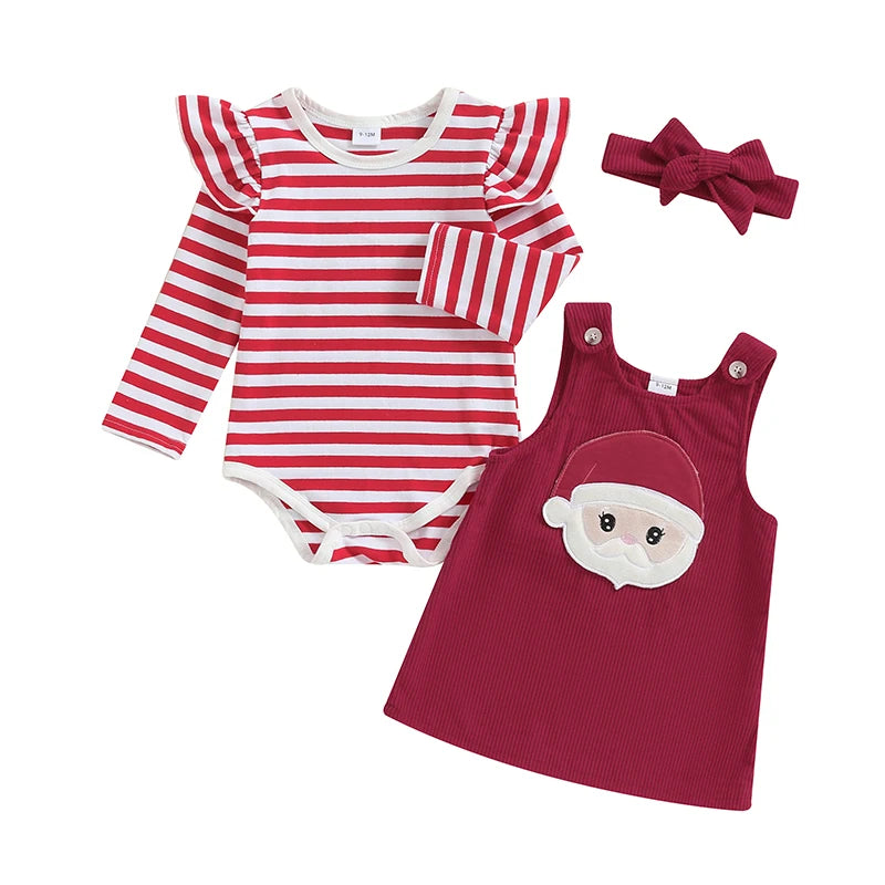 Baby Girls 2Pcs Thanksgiving Christmas Outfits Stripe Long Sleeve Romper Turkey / Santa Embroidery Overalls Dress Headband Set