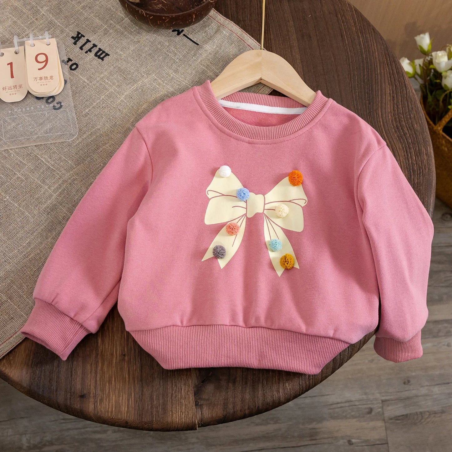 Baby Toddler Girls Long Sleeve Top Pom Pom Ball Bow Print Crewneck Pullover Winter Fall Clothes