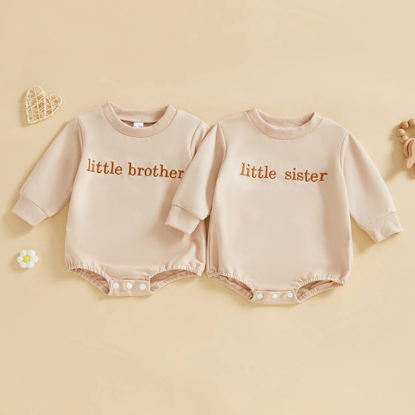 Baby Girls Boys Little Brother Sister Fall Romper Letter Embroidery Long Sleeve Round Neck Bubble Jumpsuit