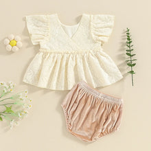 Load image into Gallery viewer, Baby Girl 2Pcs Summer Outfits O-Neck Fly Sleeve Ruffled Hem Lace Flower Top + Elastic Waist Shorts Set
