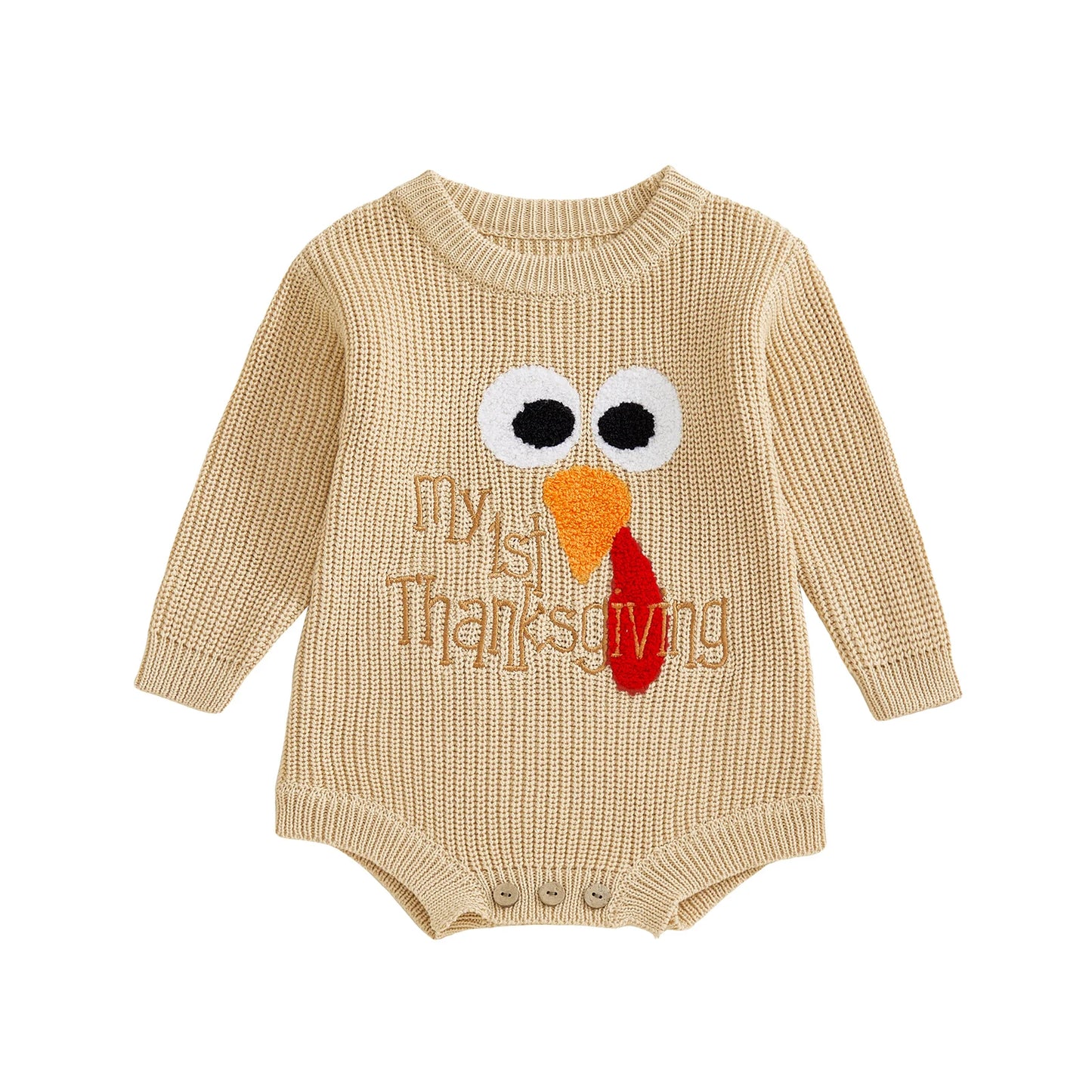 Baby Boys Girls My First Thanksgiving Romper Turkey Embroidery Long Sleeve Crew Neck Knit Bodysuit Romper