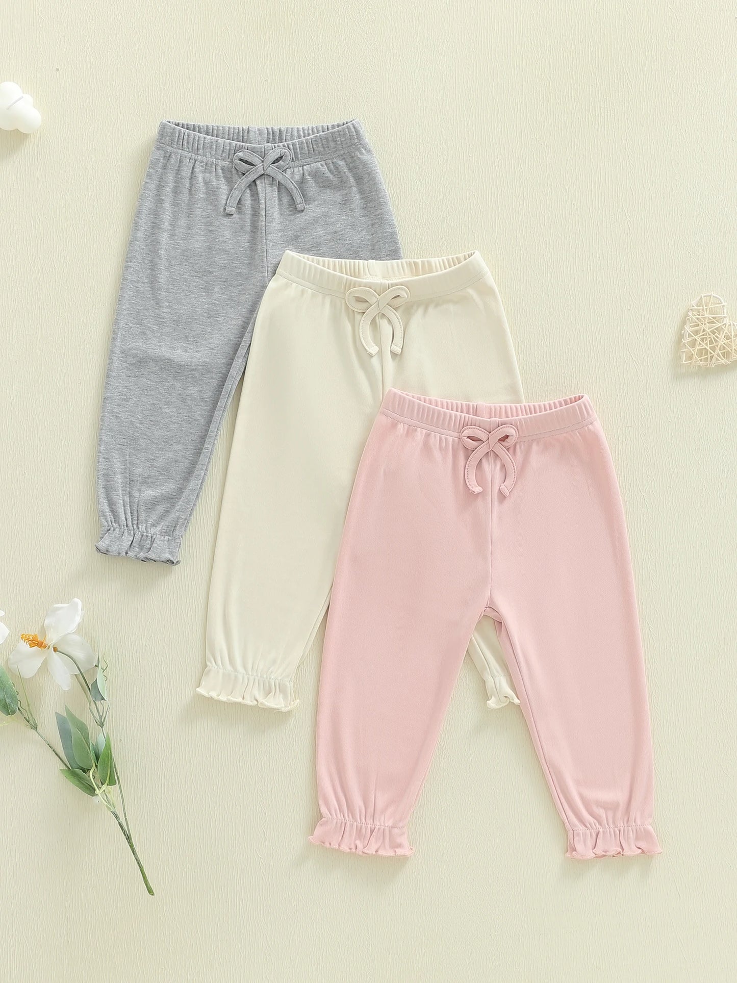 Baby Toddler Girl 3Pcs Pants Set Casual Stylish Solid Color Decorative Bow Elastic Mid Waist Infant Bottoms
