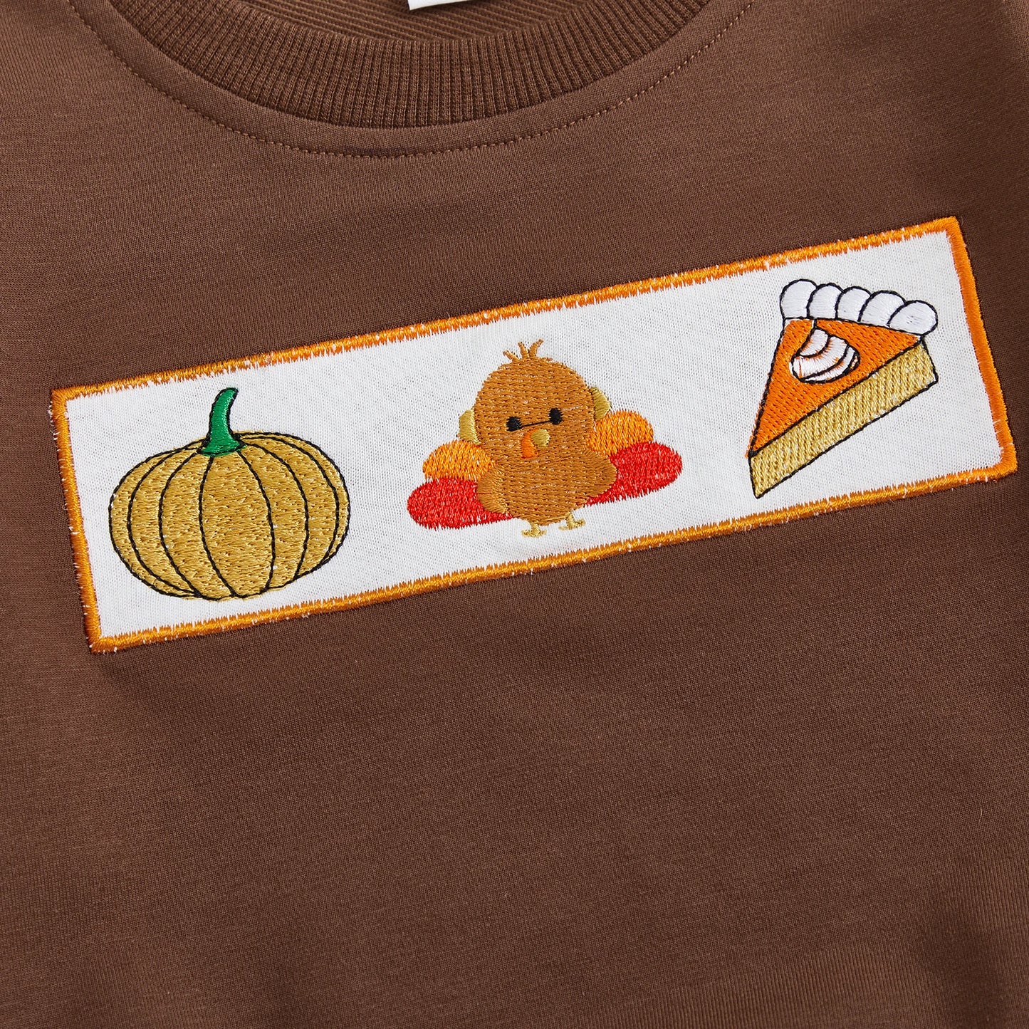 Baby Toddler Boys Girls 2Pcs Thanksgiving Outfit Pumpkin Turkey Pie Long Sleeve Crewneck Top Plaid Elastic Waist Pants Set