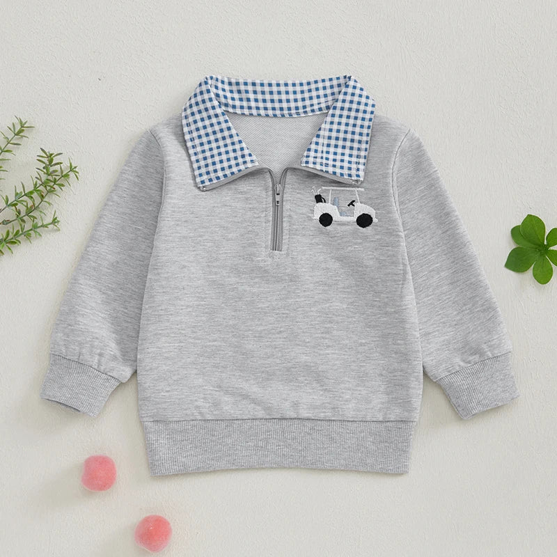 Baby Toddler Boys Golf Cart Embroidery Long Sleeve Pullover Quarter Zip Top