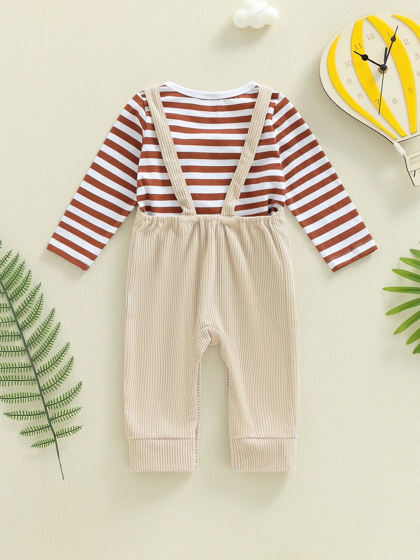 Baby Boys 2Pcs Clothing Sets Fashionable Long Sleeve Striped Topswith Lion Embroidery Overalls 2Pcs Fall Outfits