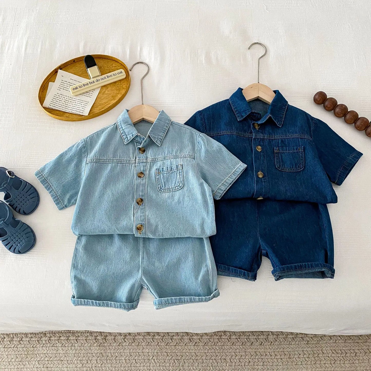 Solid Button Up Denim Shorts Set