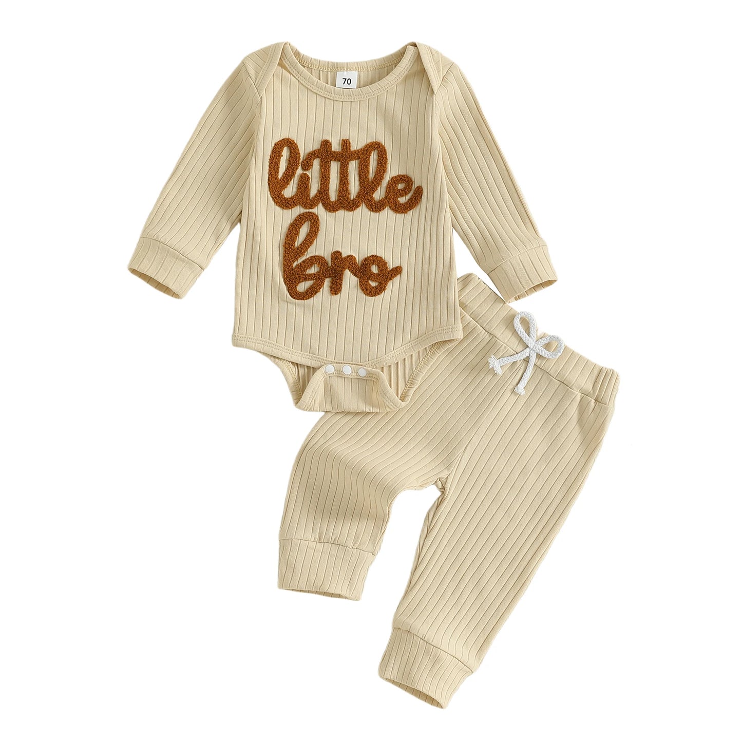 Baby Boy 2Pcs Fall Clothes Letter Little Bro Embroidery Long Sleeve Romper Solid Long Jogger Pants Outfit Set