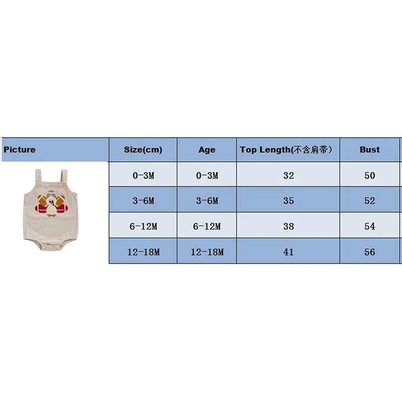 Baby Boys Girls Thanksgiving Overalls Romper Football Turkey Embroidery Sleeveless Square Neck Jumpsuit