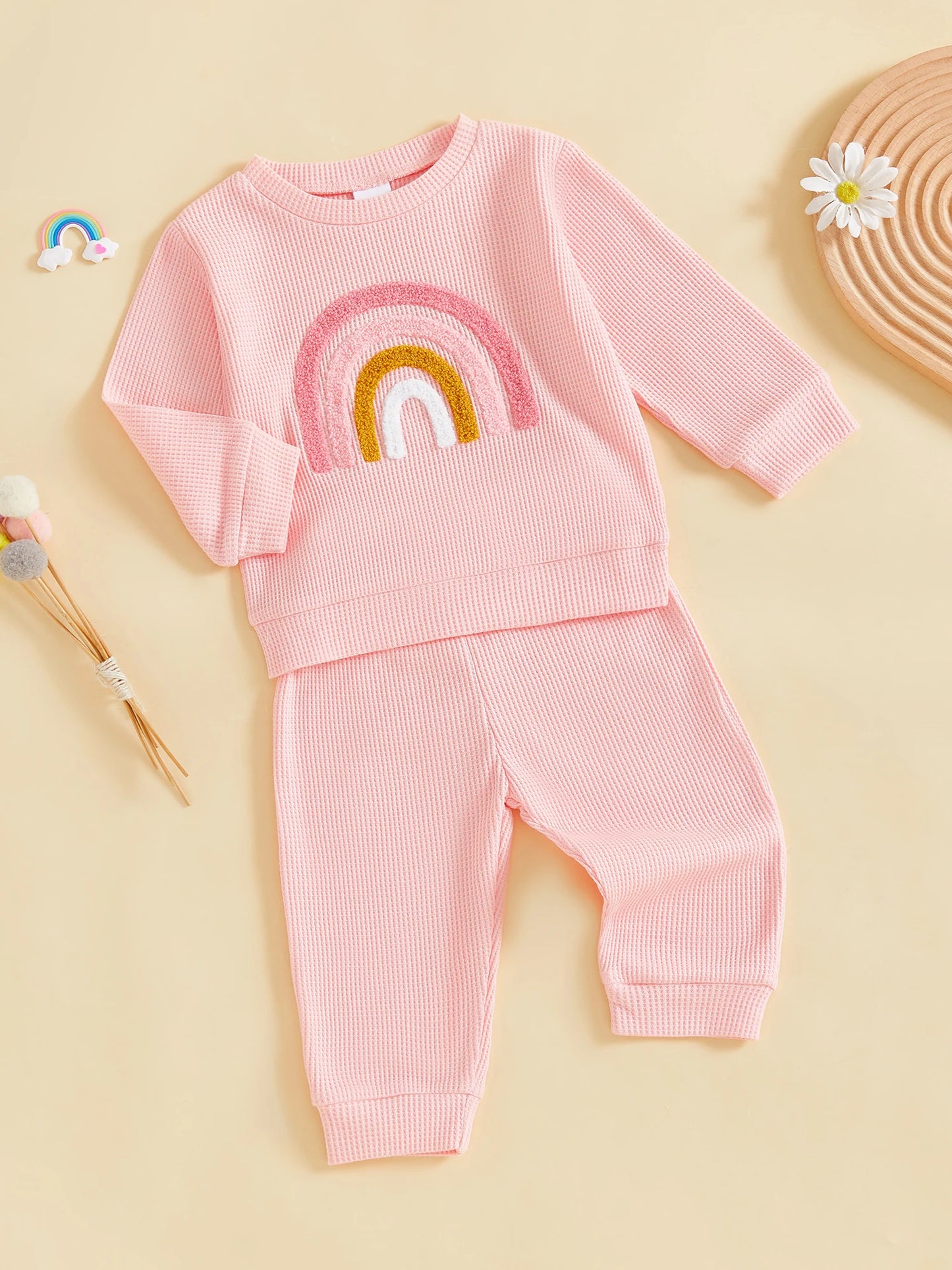 Baby Toddler Girls 2Pcs Fall Set Fashionable Rainbow Embroidery Long Sleeve Pullover Top with Jogger Pants Outfit
