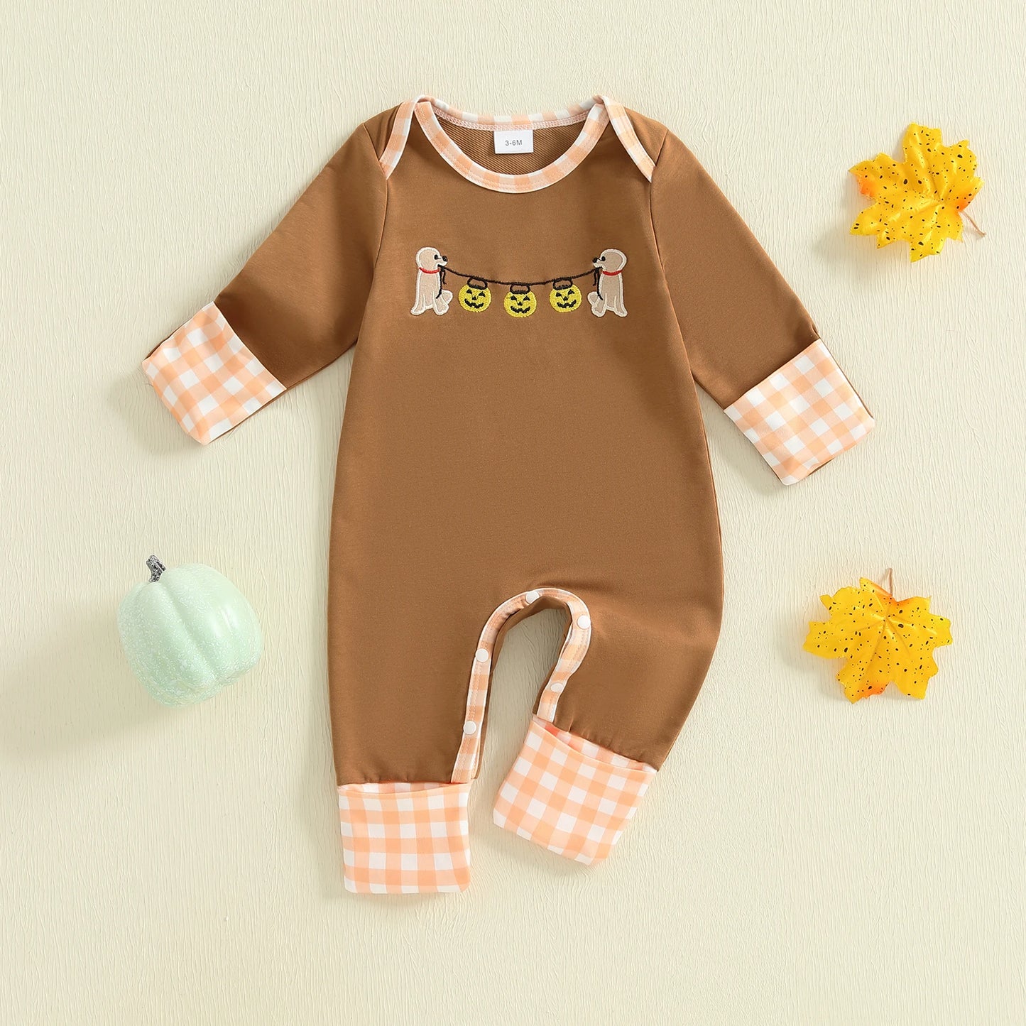 Baby Boys Halloween Romper Pumpkin Dog Embroidery Long Sleeve Round Neck Plaid Jumpsuit