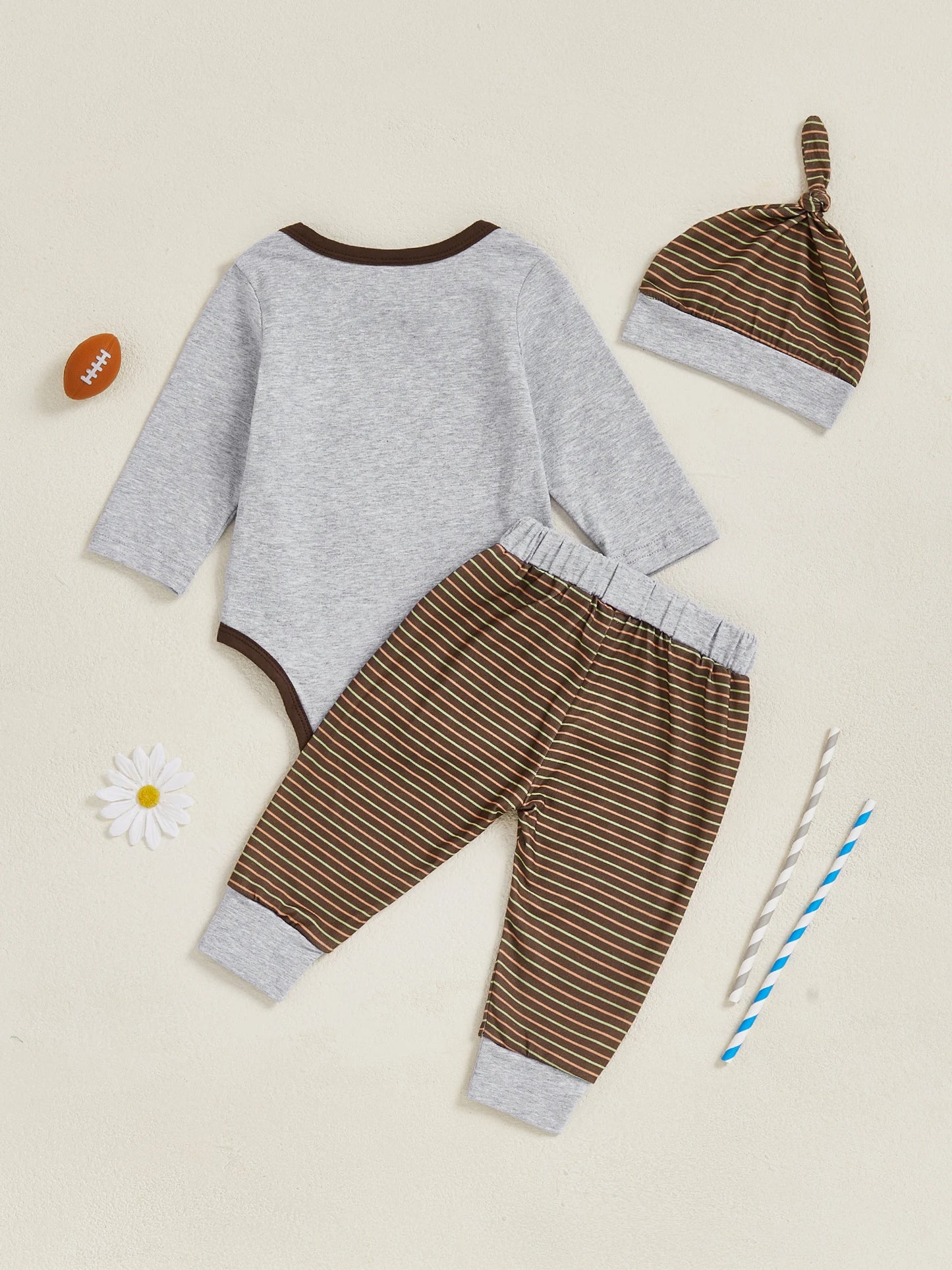 Baby Boys 3Pcs My First Football Season Fall Set Letter Embroidery Long Sleeve Romper Elastic Waist Striped Pants and Hat Outfit